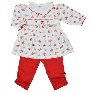 NEW BABY THREADS baby girls holly & bows 2-piece tunic and legging set in red/wh